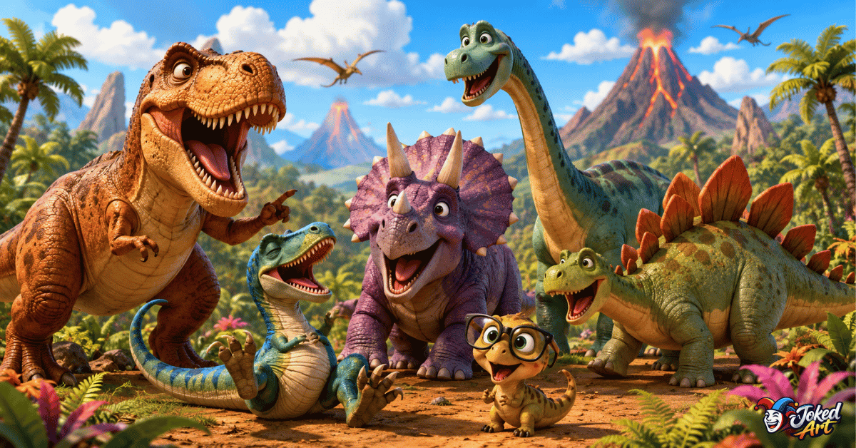 Best Dinosaur Puns with funny cartoon dinosaurs laughing together