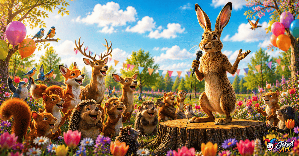 Funny wild European hare performing stand-up comedy for woodland animals in a colorful spring meadow.