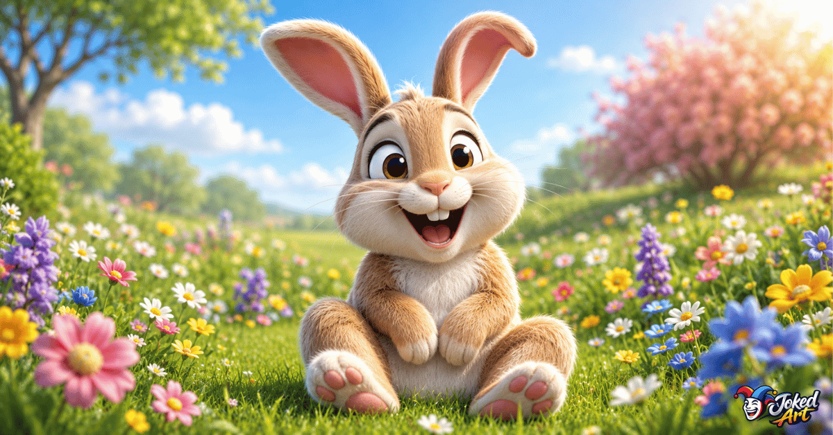 Happy cartoon rabbit smiling while sitting in a flower-filled meadow, representing the best rabbit puns.