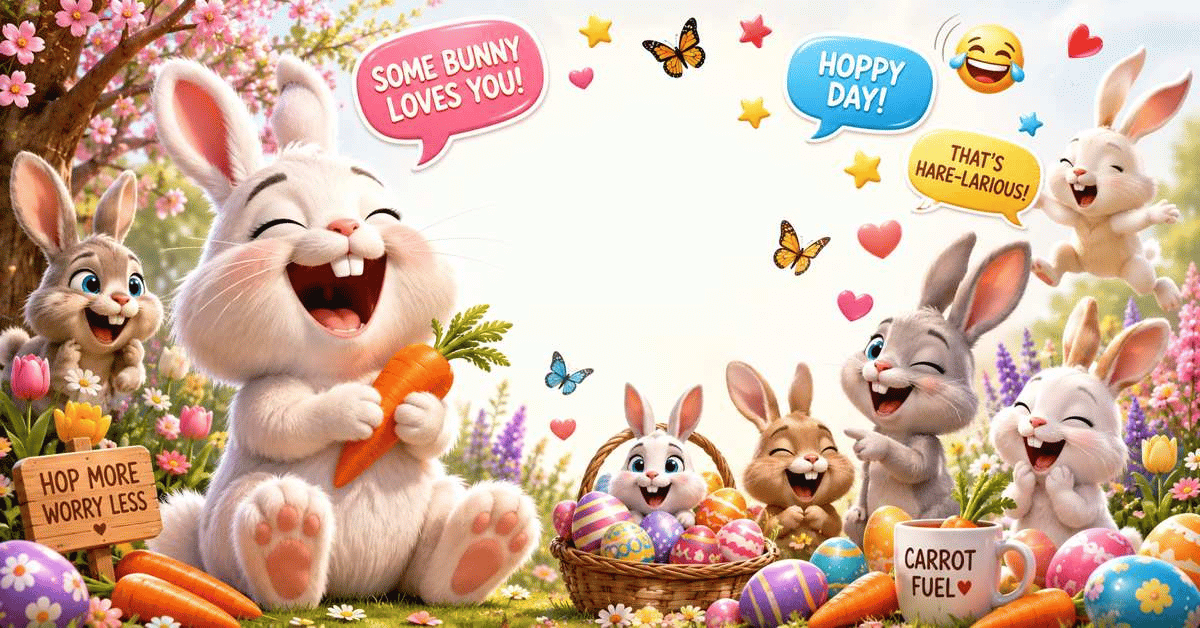 Cute cartoon bunny surrounded by carrots, Easter eggs, flowers, speech bubbles, and funny expressions representing bunny puns.