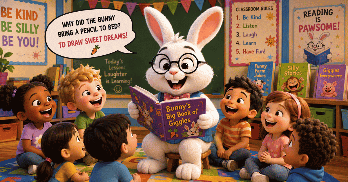 Happy cartoon bunny reading stories to smiling children in a classroom.