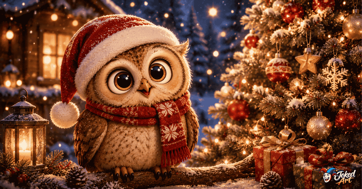 Festive owl celebrating Christmas with holiday puns