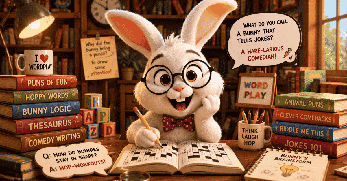 Smart cartoon bunny wearing glasses while reading books and solving word puzzles.