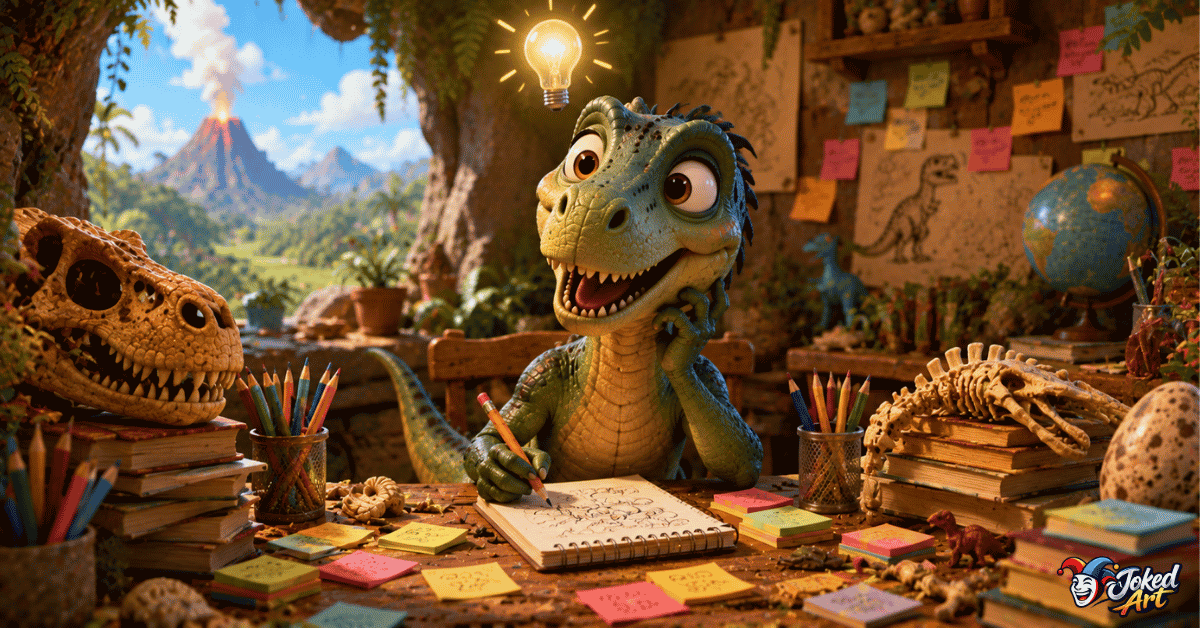 create-your-own-dinosaur-pun.webp Creative cartoon dinosaur writing funny jokes