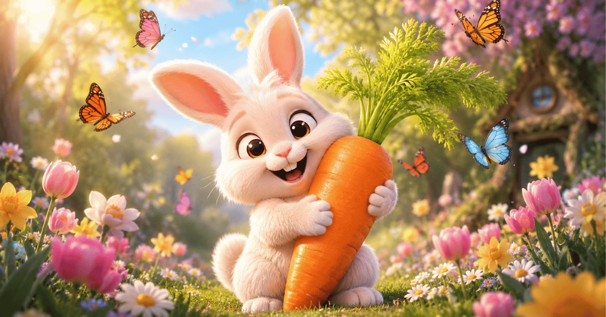 Adorable fluffy bunny holding a carrot while surrounded by flowers and butterflies.