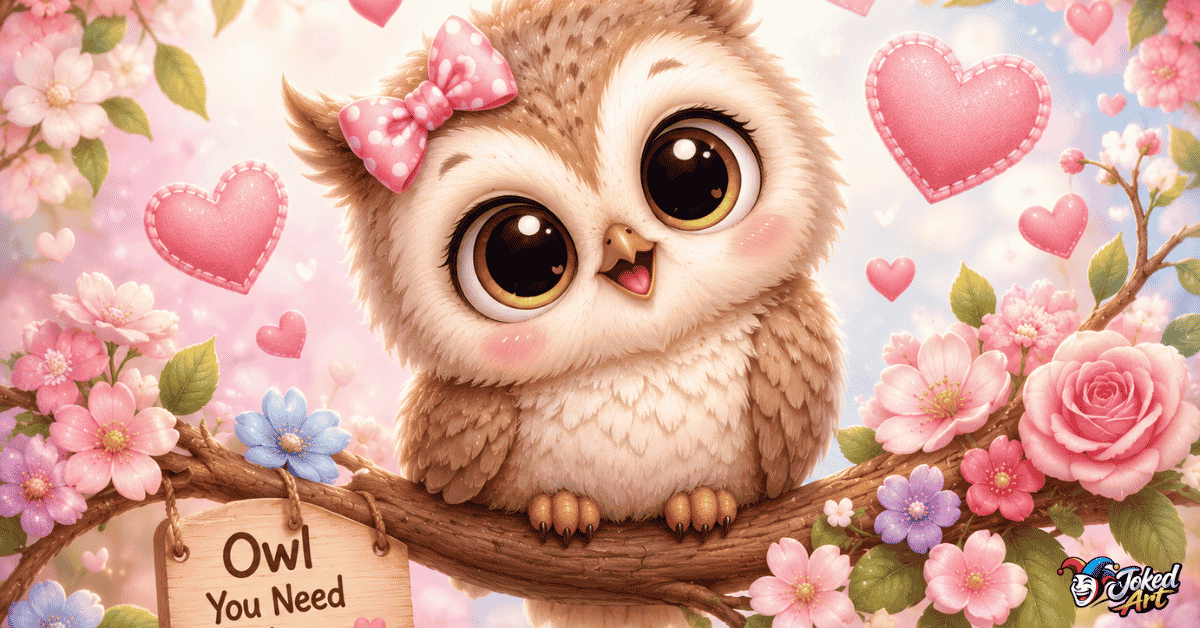 Cute baby owl surrounded by hearts and adorable owl puns