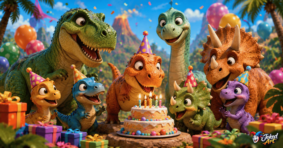 dinosaur-birthday-puns.webp Cute cartoon dinosaurs celebrating a birthday party