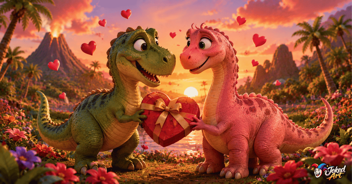 dinosaur-love-puns.webp Cute dinosaur couple sharing a heart-shaped gift