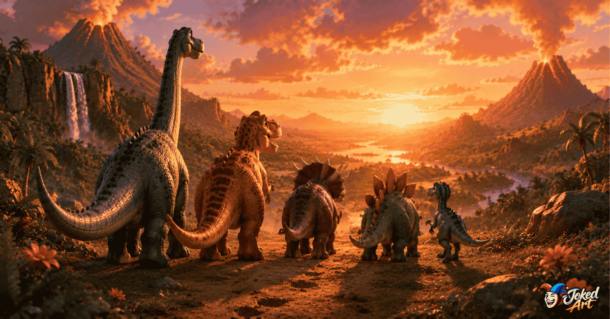 dinosaur-puns-final-roar.webp Happy cartoon dinosaurs walking into a colorful prehistoric sunset