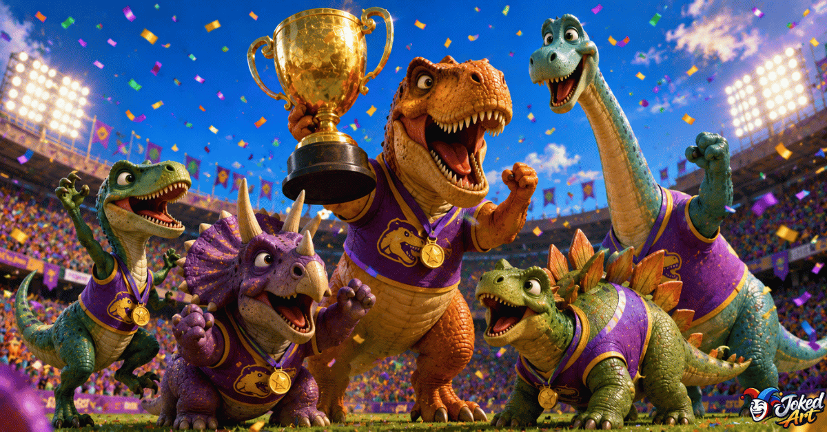 dinosaur-team-names.webp Cartoon dinosaur sports team celebrating victory