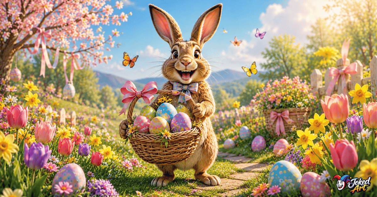 Festive Easter hare surrounded by colorful eggs, flowers, and spring decorations.
