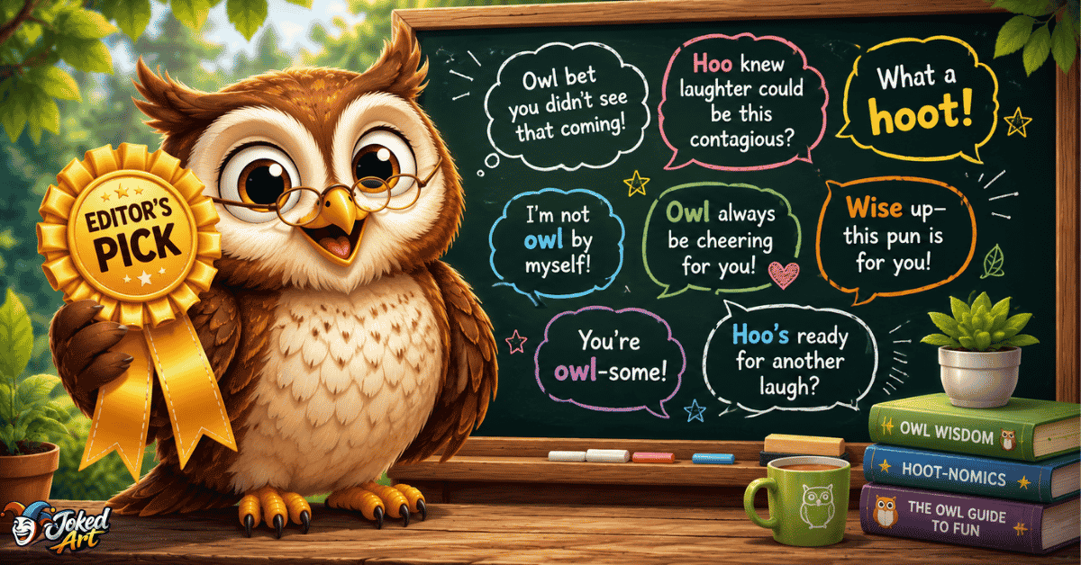 Happy owl pointing at its favorite funny owl puns