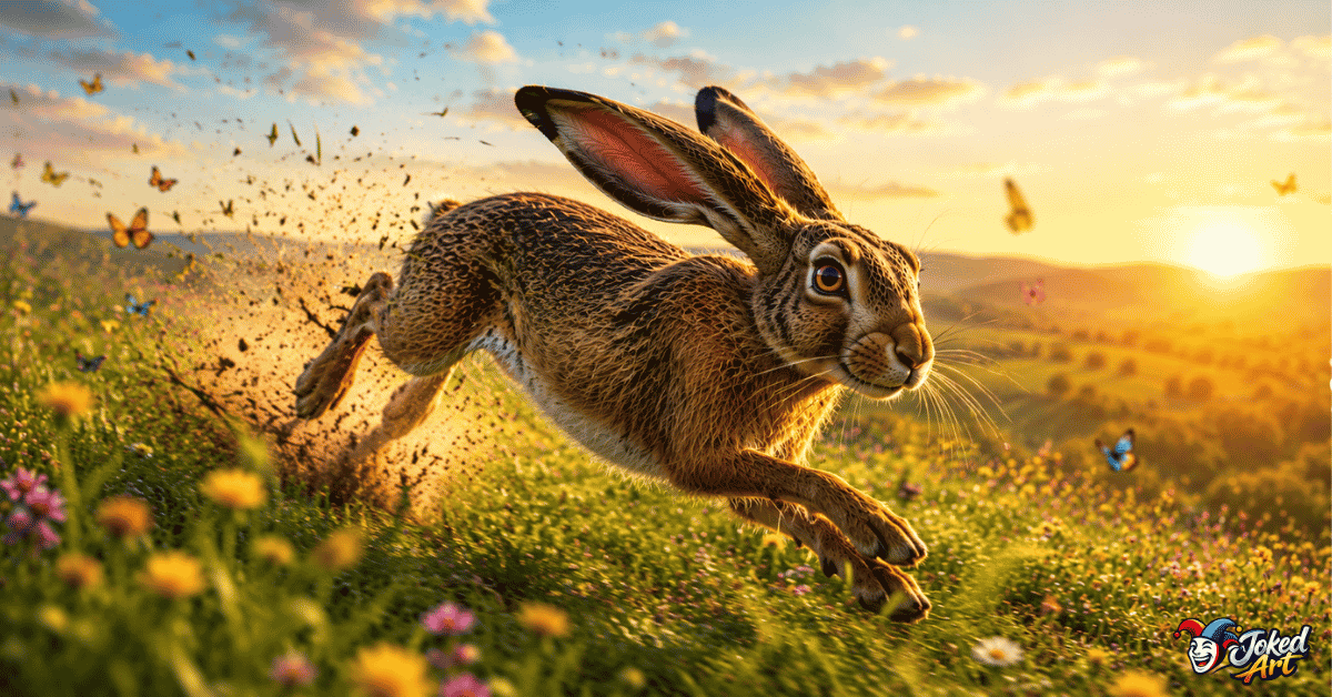 Wild European hare sprinting across a spring meadow at incredible speed with dramatic motion.