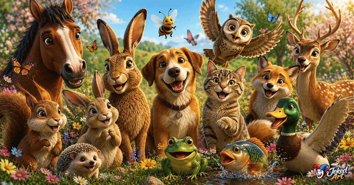 Cheerful gathering of a hare, rabbit, dog, cat, duck, bee, horse, frog, fish, and other animals in a colorful meadow.