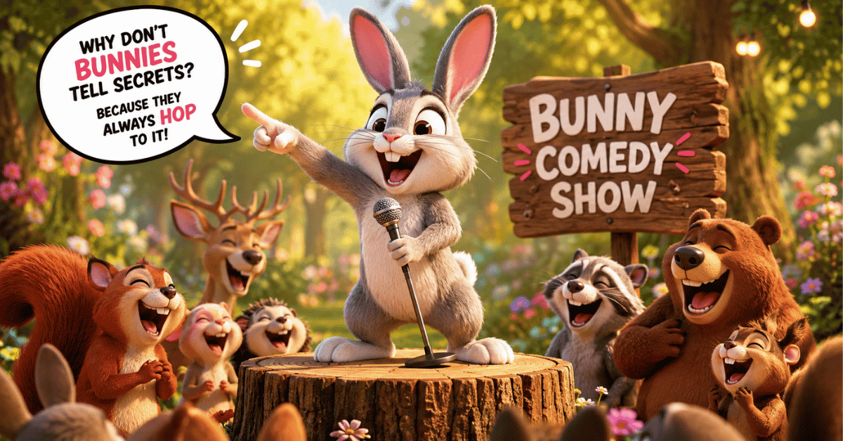 Funny cartoon bunny making friends laugh with silly expressions and playful hopping.