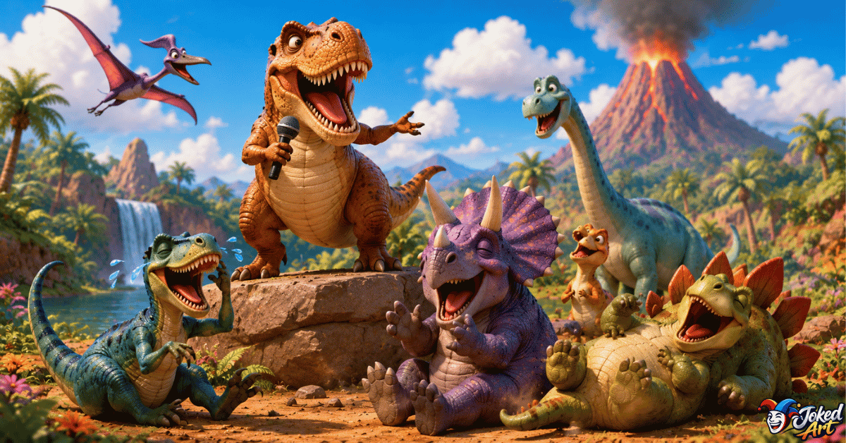 funny-dinosaur-puns.webp Funny cartoon dinosaur telling jokes to laughing dinosaurs