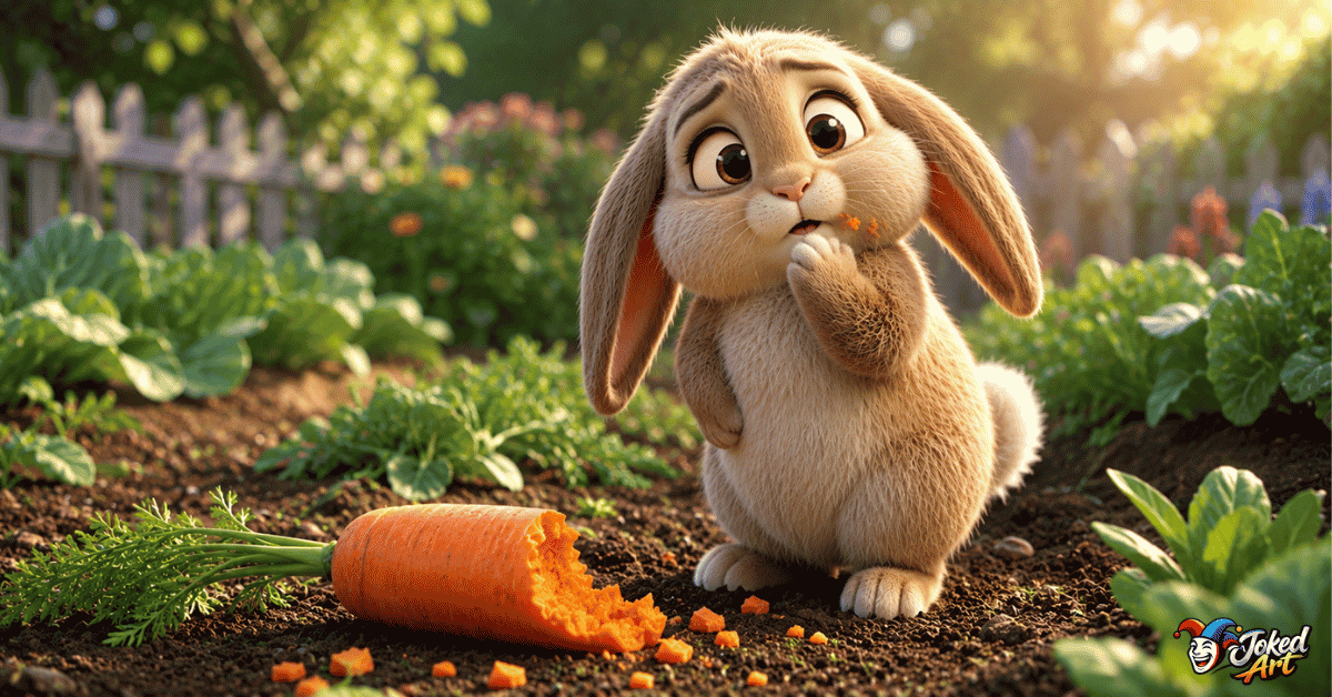 Cartoon rabbit looking innocent while standing beside a half-eaten carrot.