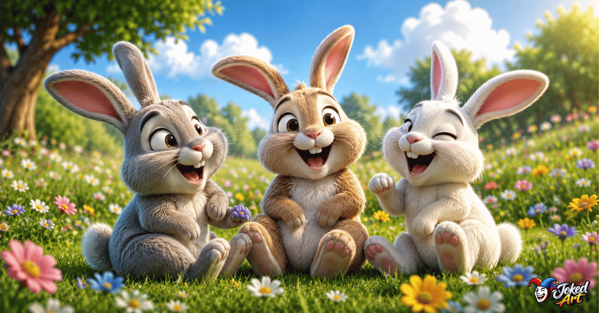 Cartoon rabbit laughing with other rabbits in a bright green meadow.
