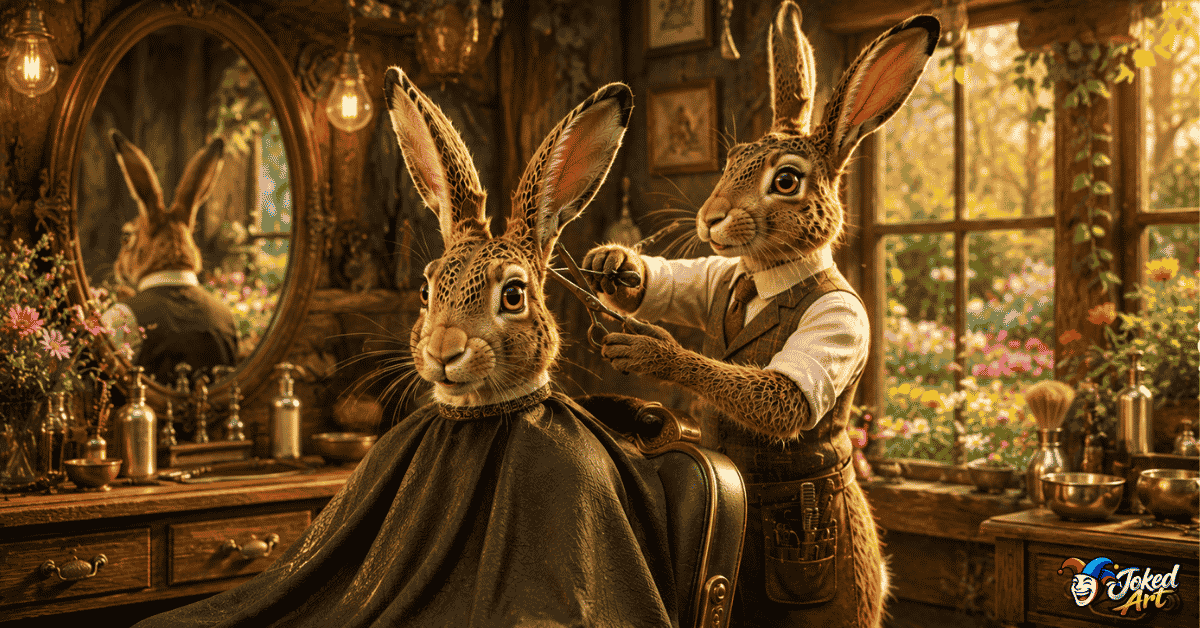 Humorous woodland barbershop featuring a stylish European hare getting a funny haircut.