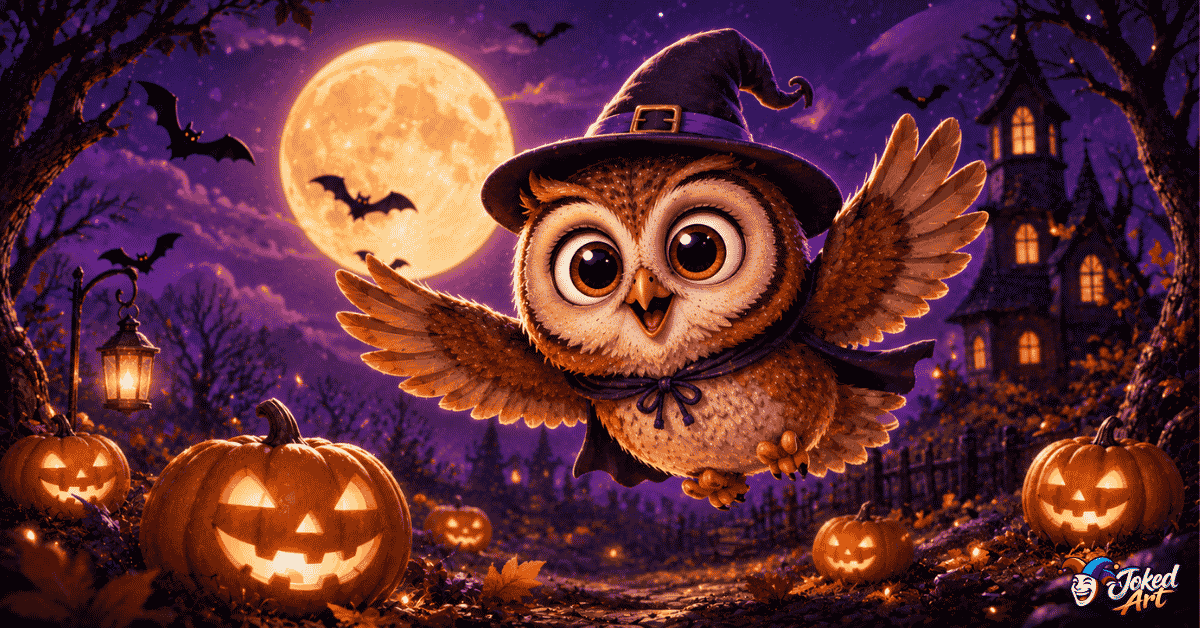 Spooky owl surrounded by pumpkins for Halloween owl puns