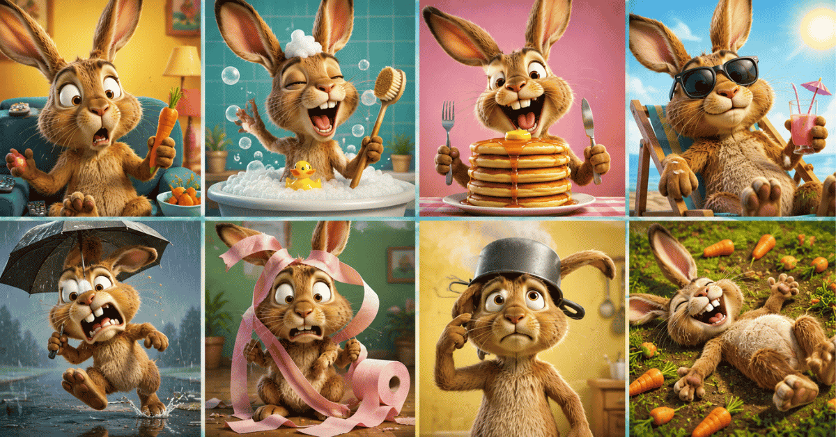 Funny cartoon hare making silly expressions inspired by internet memes.
