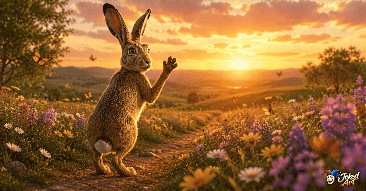Friendly European hare waving goodbye while walking through a flower-filled spring meadow at sunset.