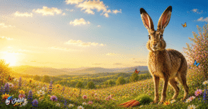 Happy wild European hare standing in a colorful spring meadow with wildflowers and butterflies for a hare puns collection.