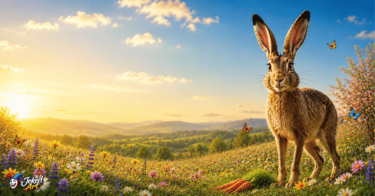 Happy wild European hare standing in a colorful spring meadow with wildflowers and butterflies for a hare puns collection.