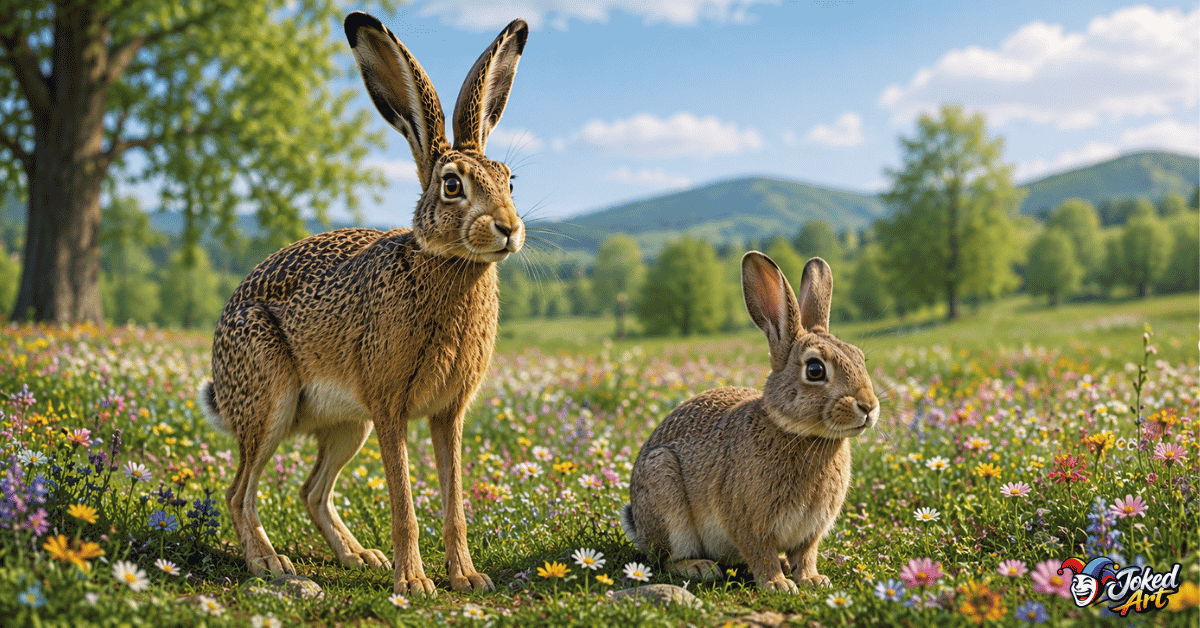 Side-by-side comparison of a European hare and a rabbit showing their different size, ears, and body shape.