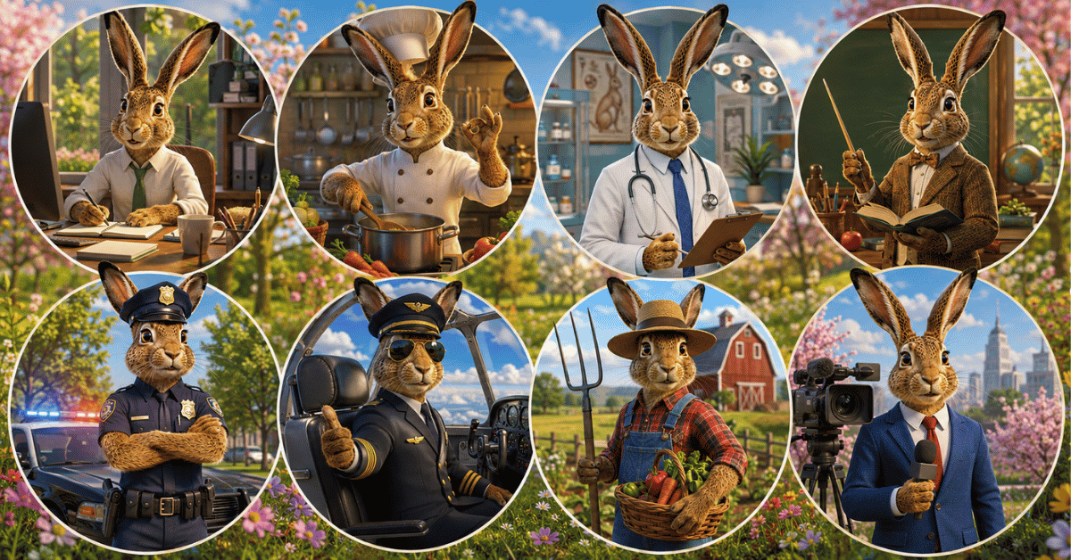 Funny collage of a European hare working as a chef, teacher, doctor, pilot, farmer, and office worker.