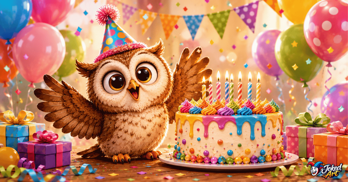 Birthday owl celebrating with cake balloons and funny birthday puns
