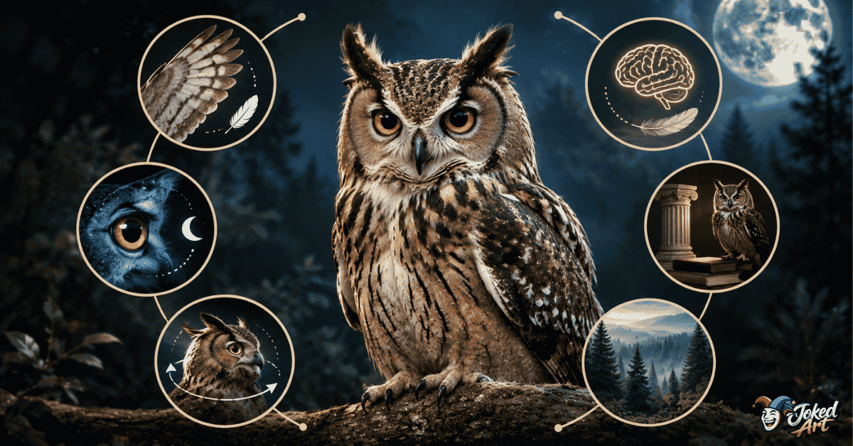 Illustration showing interesting owl facts and symbols of wisdom