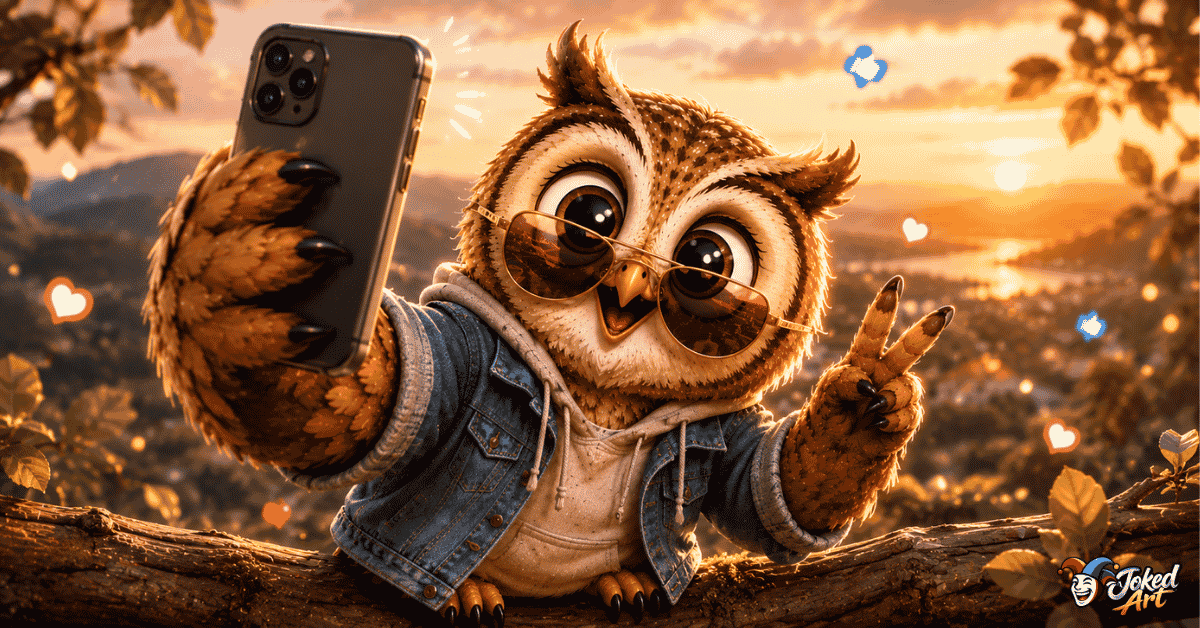 Stylish owl posing for an Instagram photo with funny caption ideas