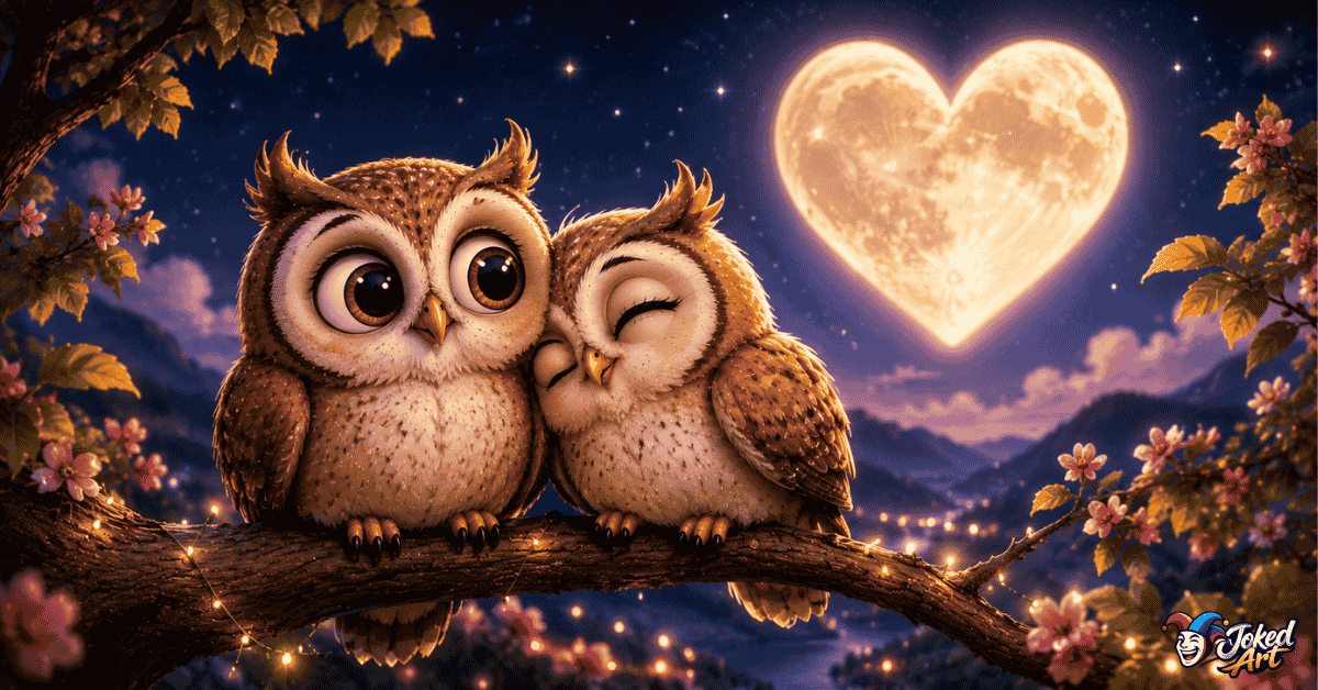 Two cute owls sharing romantic owl love puns