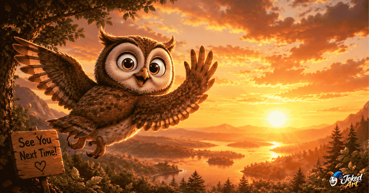 Happy owl waving goodbye after sharing funny owl puns
