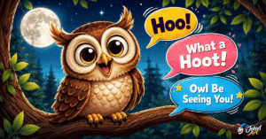 Funny owl puns collection featuring a cute owl with speech bubbles full of clever jokes and wordplay