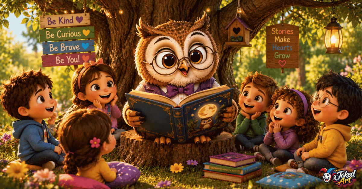 Cute cartoon owl telling funny owl puns to children