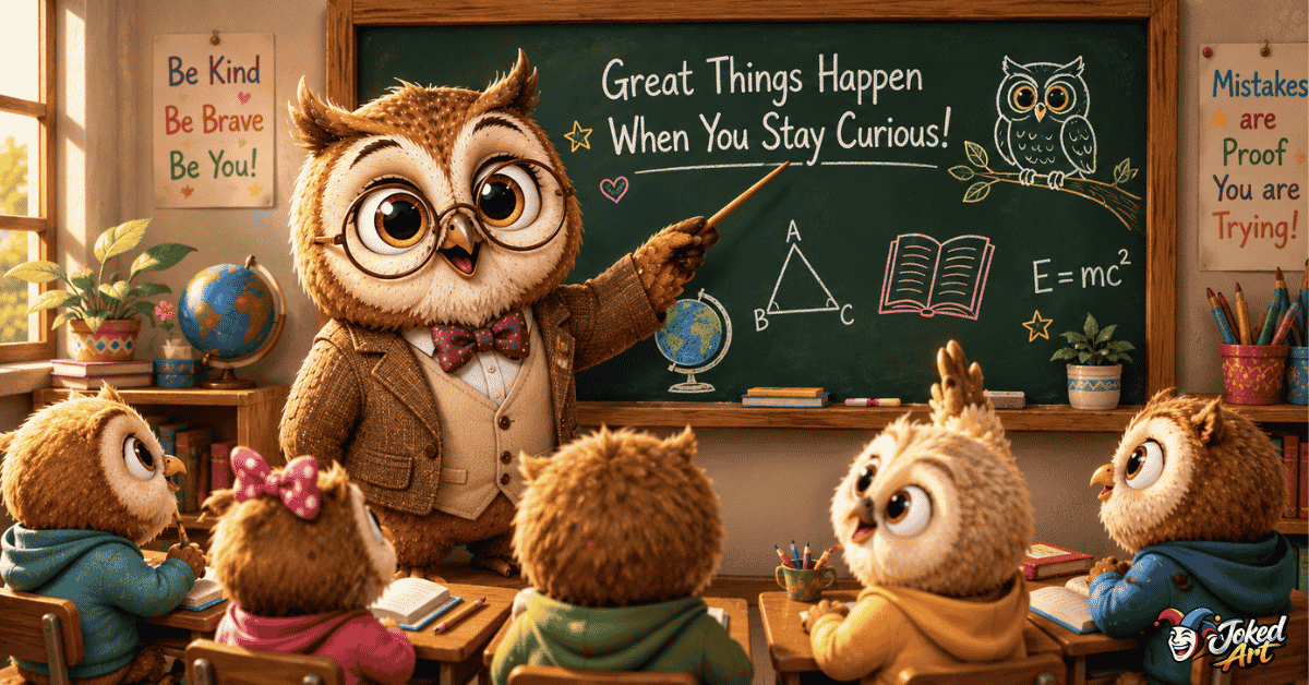 Wise owl teacher in a classroom sharing owl puns