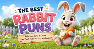 Smiling 3D cartoon rabbit holding a carrot in a sunny meadow with colorful text promoting the best rabbit puns and funny rabbit jokes.