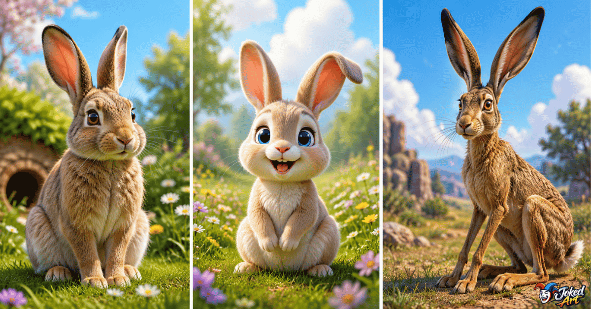 Peaceful cartoon rabbit watching the sunrise over a quiet meadow, symbolizing wisdom and curiosity.