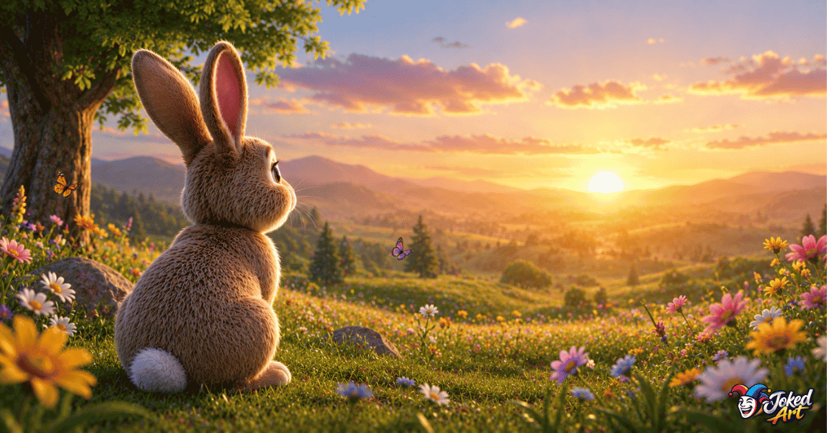 Peaceful cartoon rabbit watching the sunrise over a quiet meadow, symbolizing wisdom and curiosity.