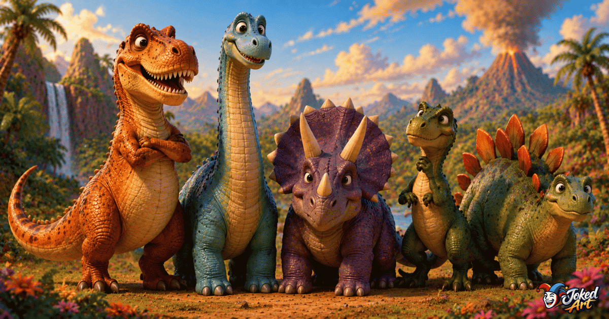 which-dinosaur-matches-your-personality.webp Five cartoon dinosaurs representing different personalities