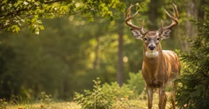 White-tailed deer standing in a sunlit woodland clearing