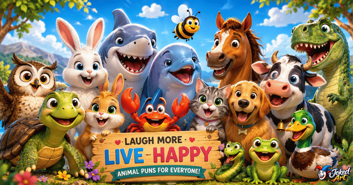 animal-puns-collection.webp Collection of funny animal characters including turtle, owl, rabbit, shark, dolphin, cat, dog, and cow