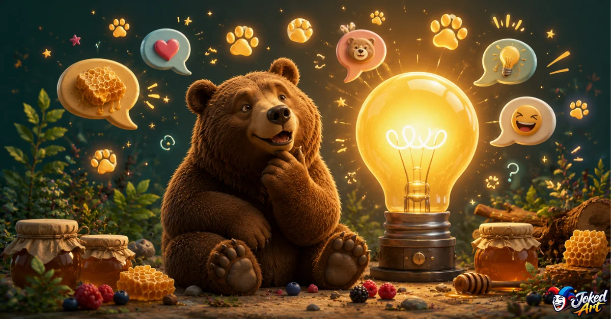bear-pun-generator.jpg Bear pun generator concept with a playful bear and creative wordplay symbols