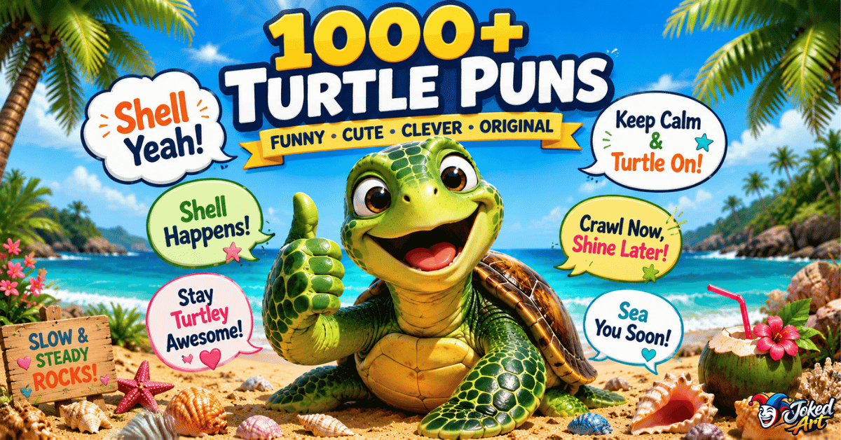 best-turtle-puns.webp Funny turtle laughing with speech bubbles full of shell puns