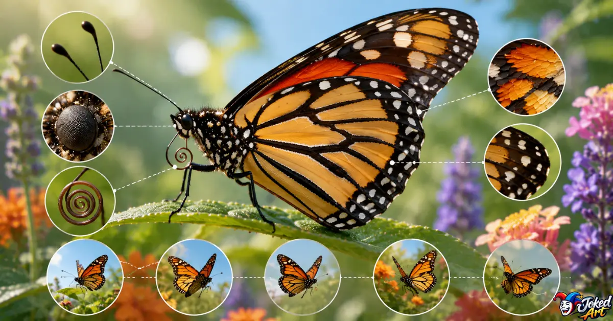 butterfly-biology-facts.jpg Butterfly anatomy showing compound eyes, wing scales, antennae, and proboscis