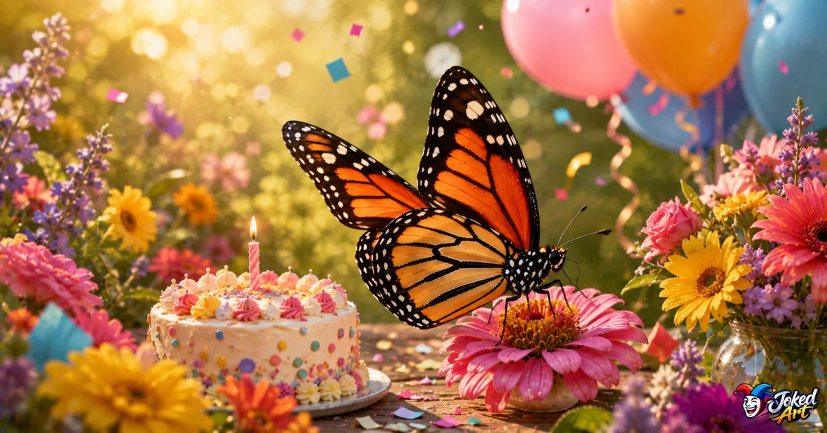 butterfly-birthday-puns.jpg Butterfly beside a birthday cake and flowers in a garden celebration