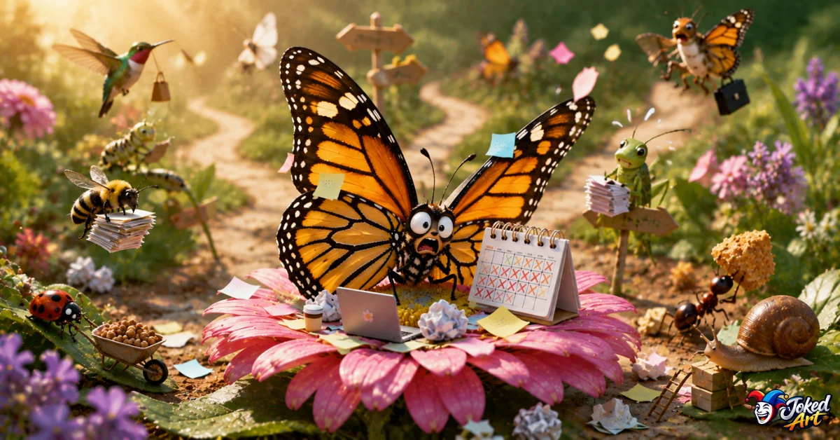 butterfly-memes-relatable-moments.jpg Overwhelmed butterfly surrounded by a laptop, calendar, papers, and garden chaos