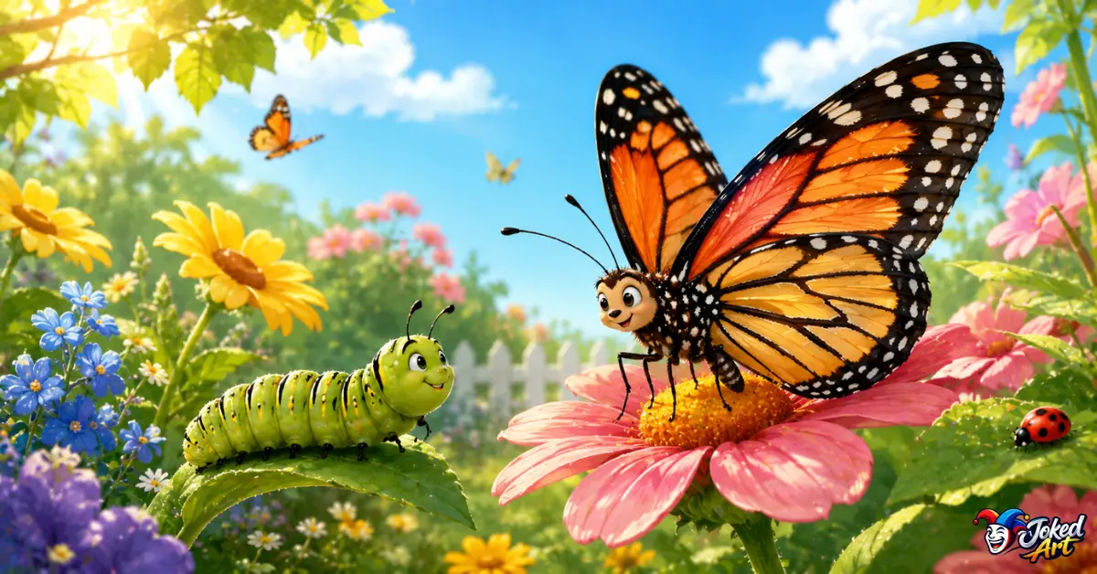 butterfly-puns-for-kids.jpg Friendly butterfly and caterpillar in a colorful garden illustration